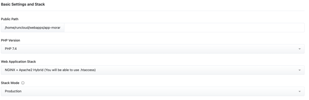 configuring wordpress installation, path, php version, web app stack and stack mode
