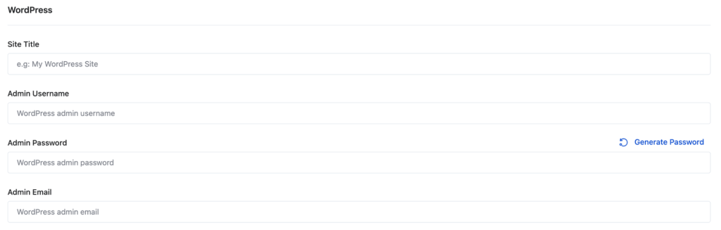 configuring wordpress site title, admin username, password and email