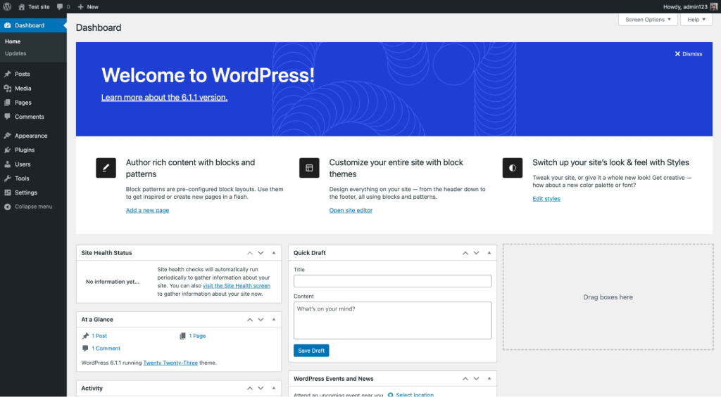new wordpress dashboard