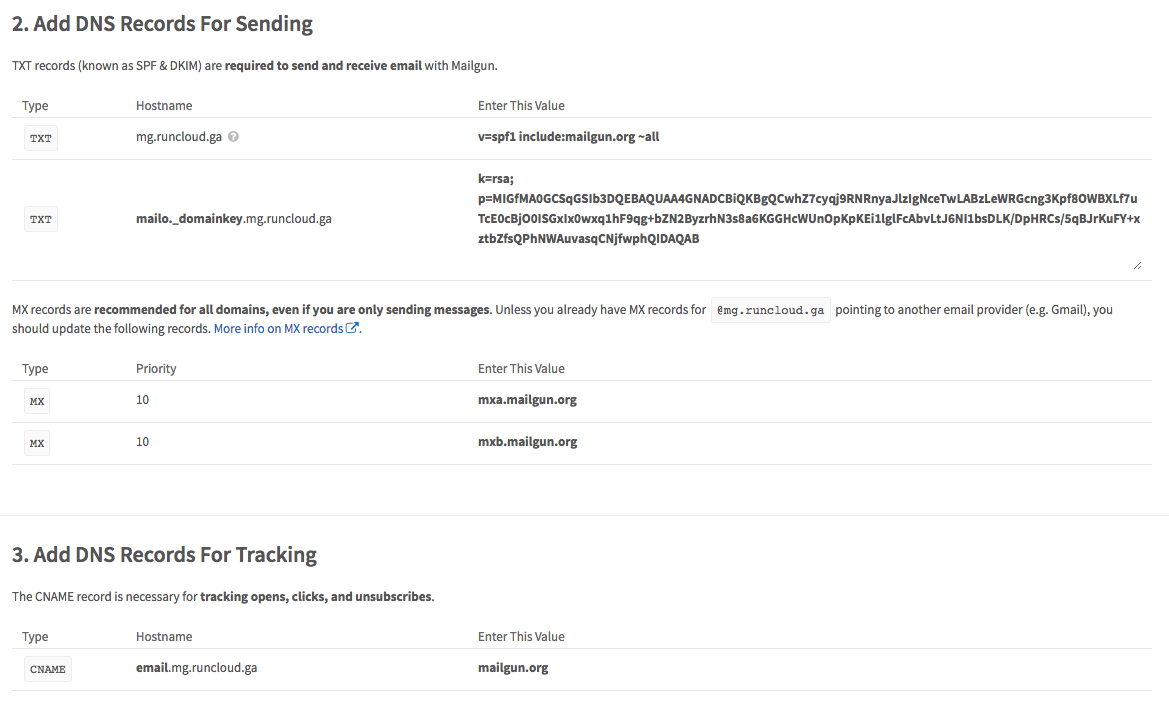 Mailgun DNS records