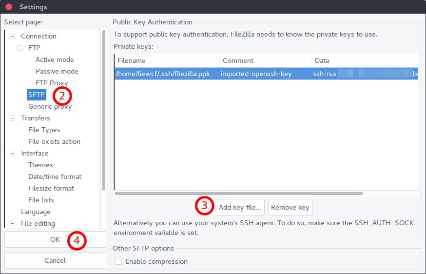 Add SSH key into FileZilla