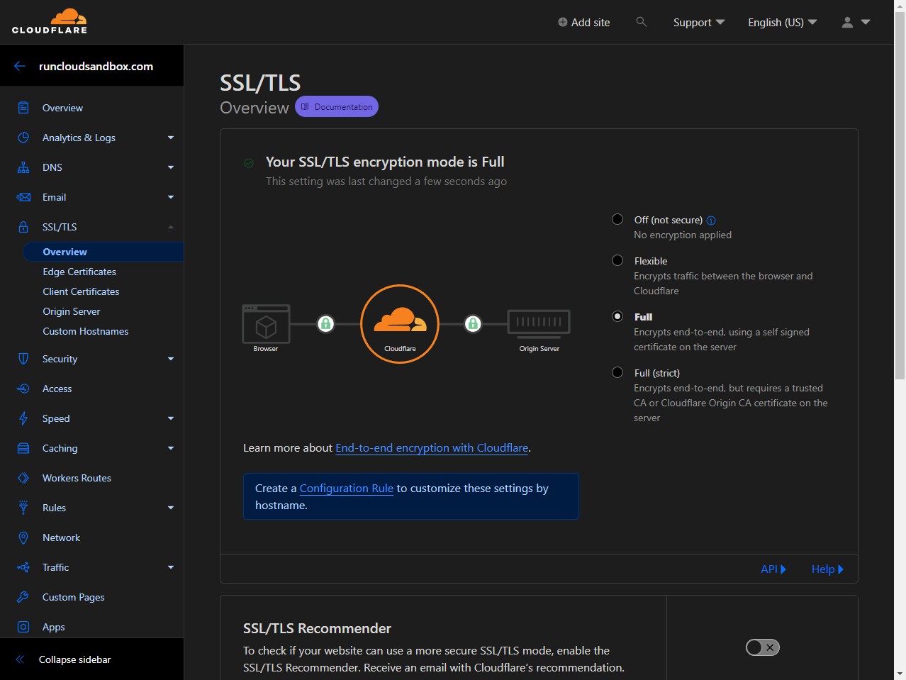 A screen capture of Cloudflare dashboard showing SSL/TLS settings.