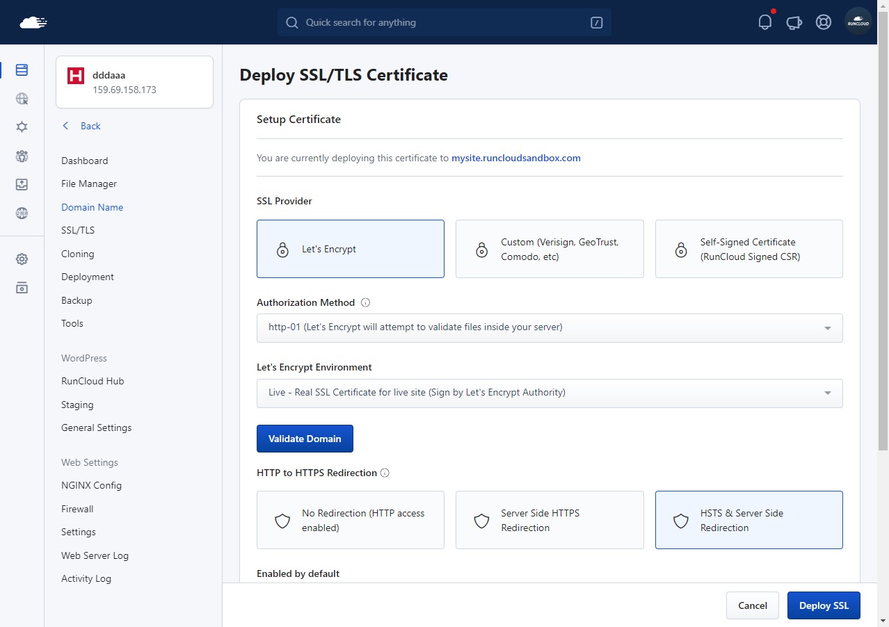 A screen capture of RunCloud dashboard showing how to configure SSL/TLS settings.
