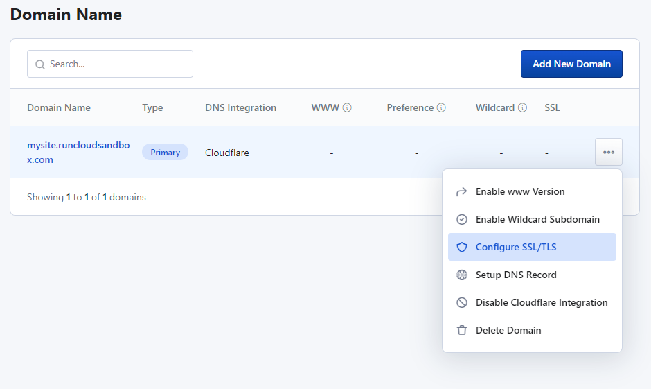 A screen capture of RunCloud dashboard showing how to edit domain name settings.