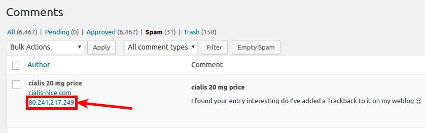 WordPress dashboard comments IP address