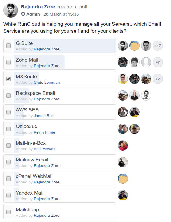 RunCloud Facebook poll: Email Services
