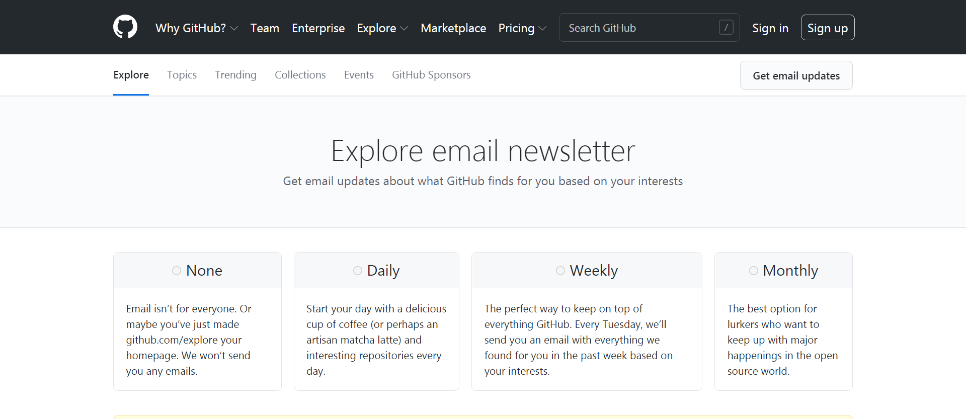 GitHub Explore newsletter signup