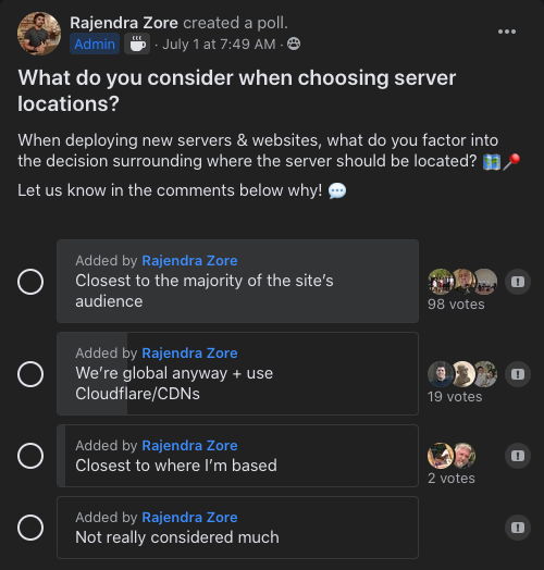 facebook poll - ideal server location
