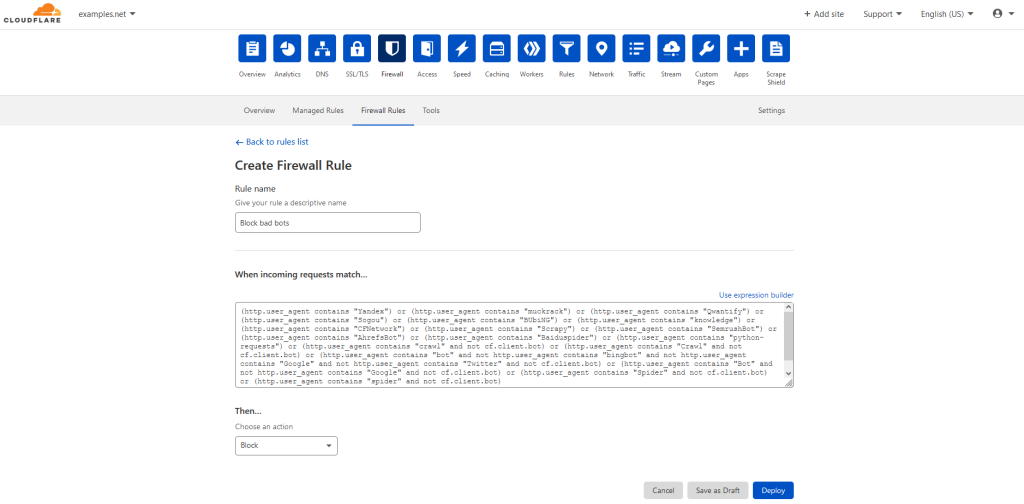 cloudflare firewall rules example 3 block bad bot traffic