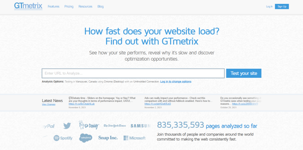 gtmetrix performance testing tool homepage