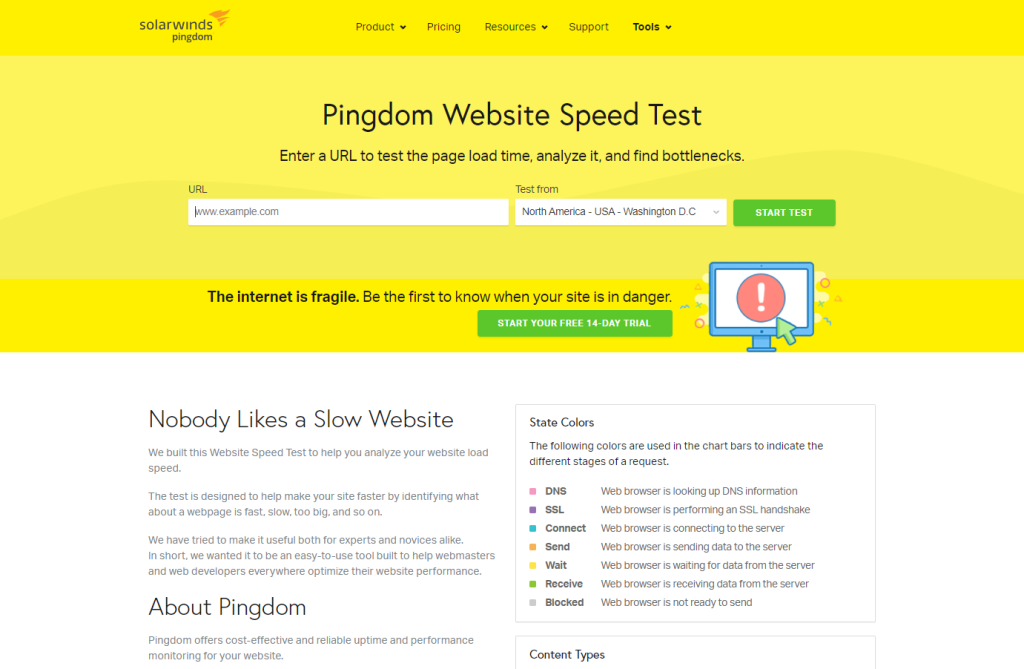 pingdom performance testing tool homepage