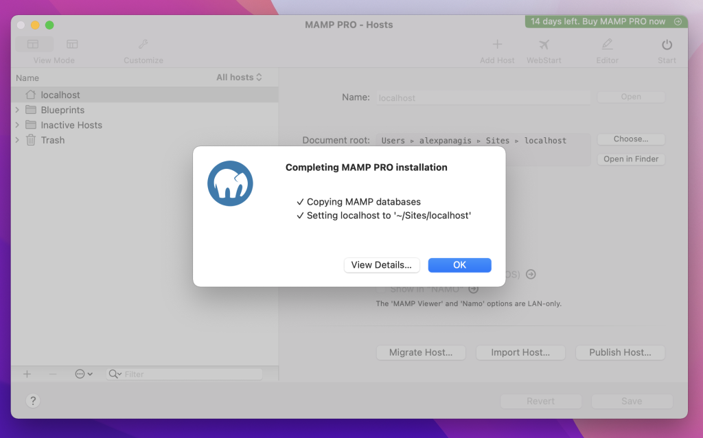 MAMP installation complete