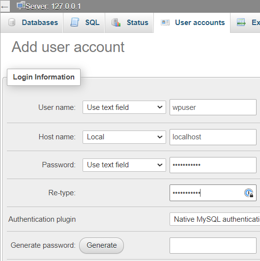 adding new user in phpmyadmin step 2