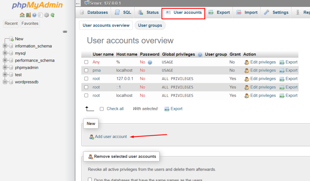 adding new user to phpmyadmin