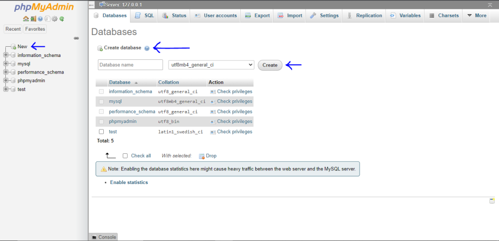 creating database in phpmyadmin portal