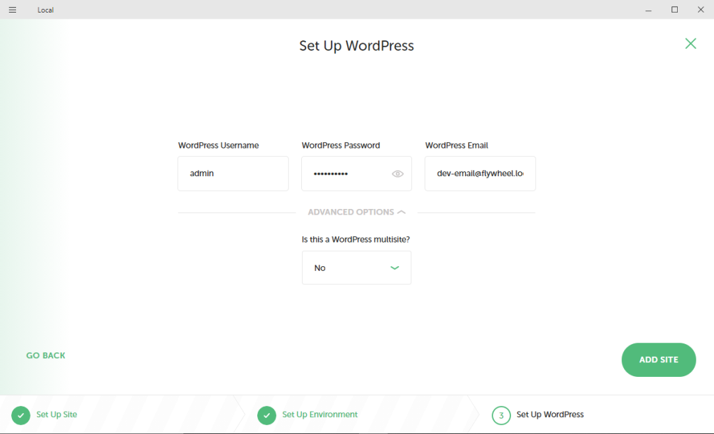 last step in local, setting up wordpress credentials