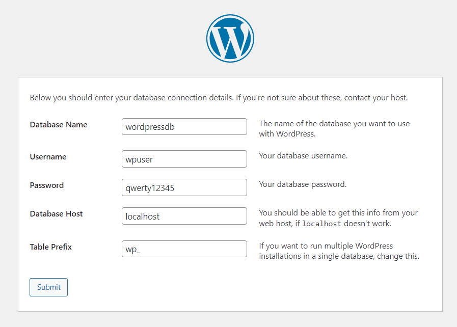 setting up credentials during wordpress installation