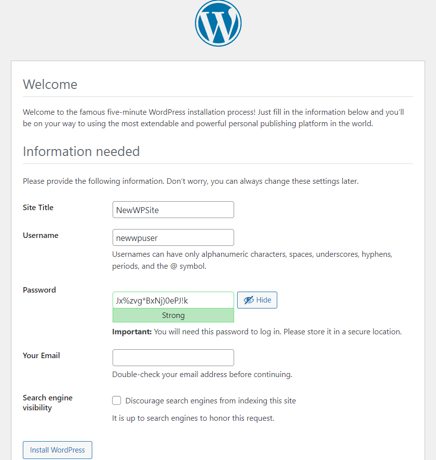 setting up site name and wordpress user