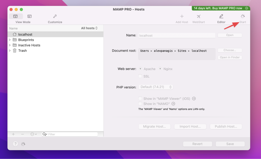 starting server in MAMP