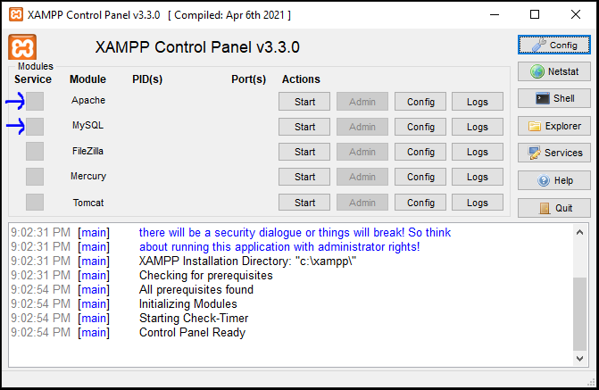 xampp control panel apache and mysql process running