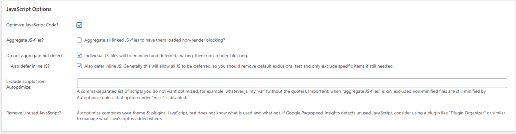 javascript options on autoptimize