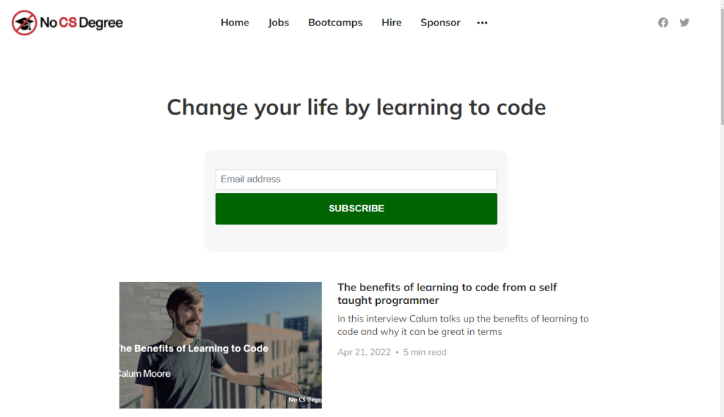 no cs degree newsletter for developers homepage