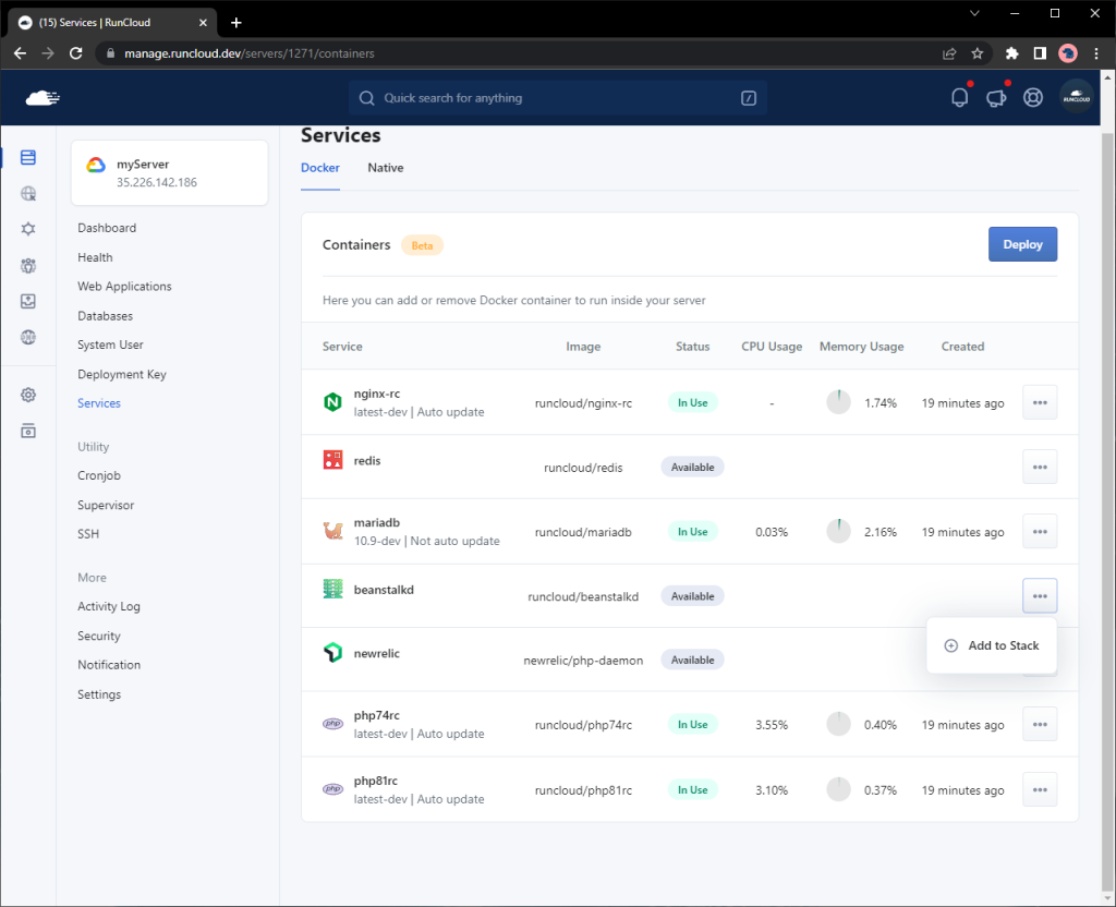 adding individual services in runcloud