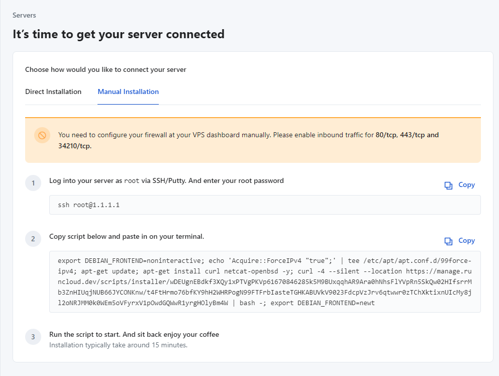 manual installation of containerized server on runcloud