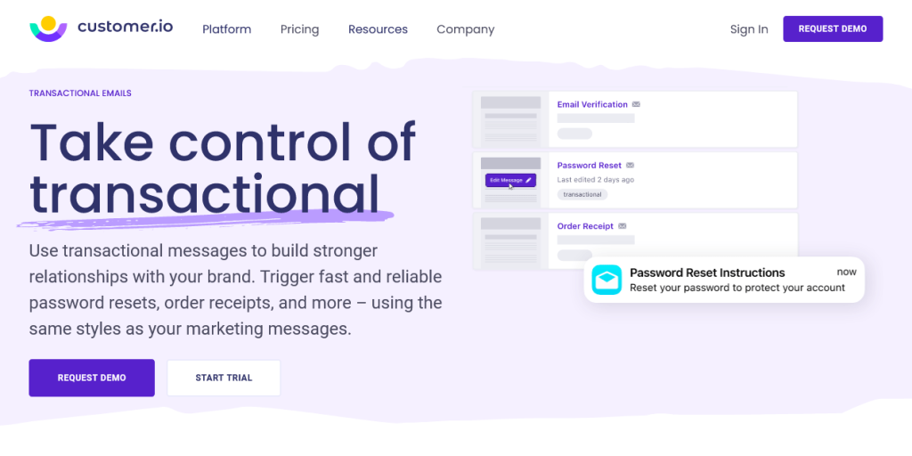 customer io Transactional Email Service homepage