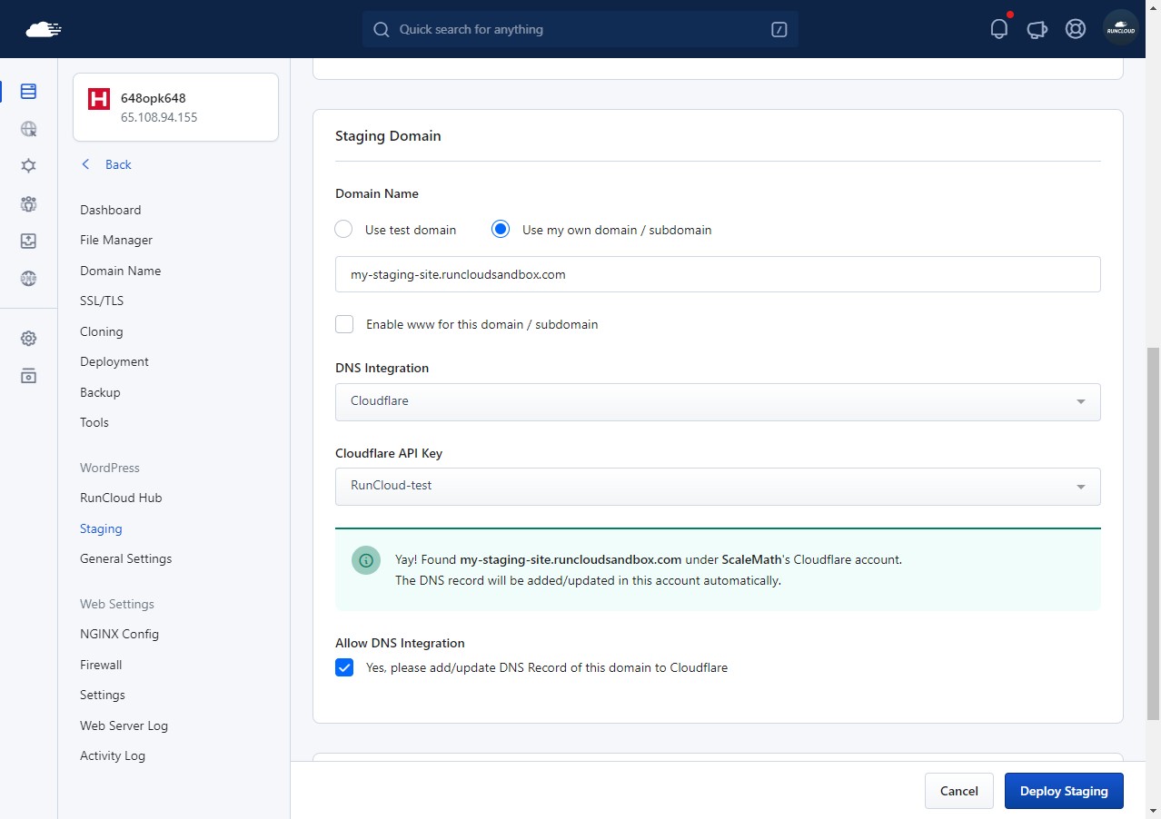 Configure staging domain RunCloud WordPress