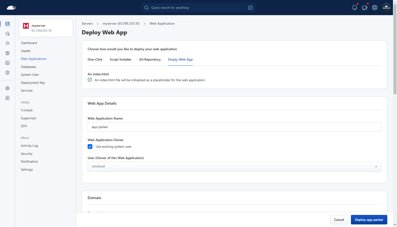 Creating Web Aplication on RunCloud