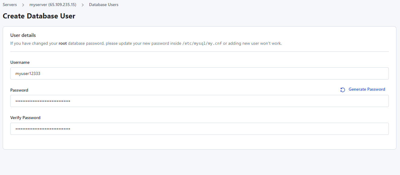 Creating database user in RunCloud dashboard