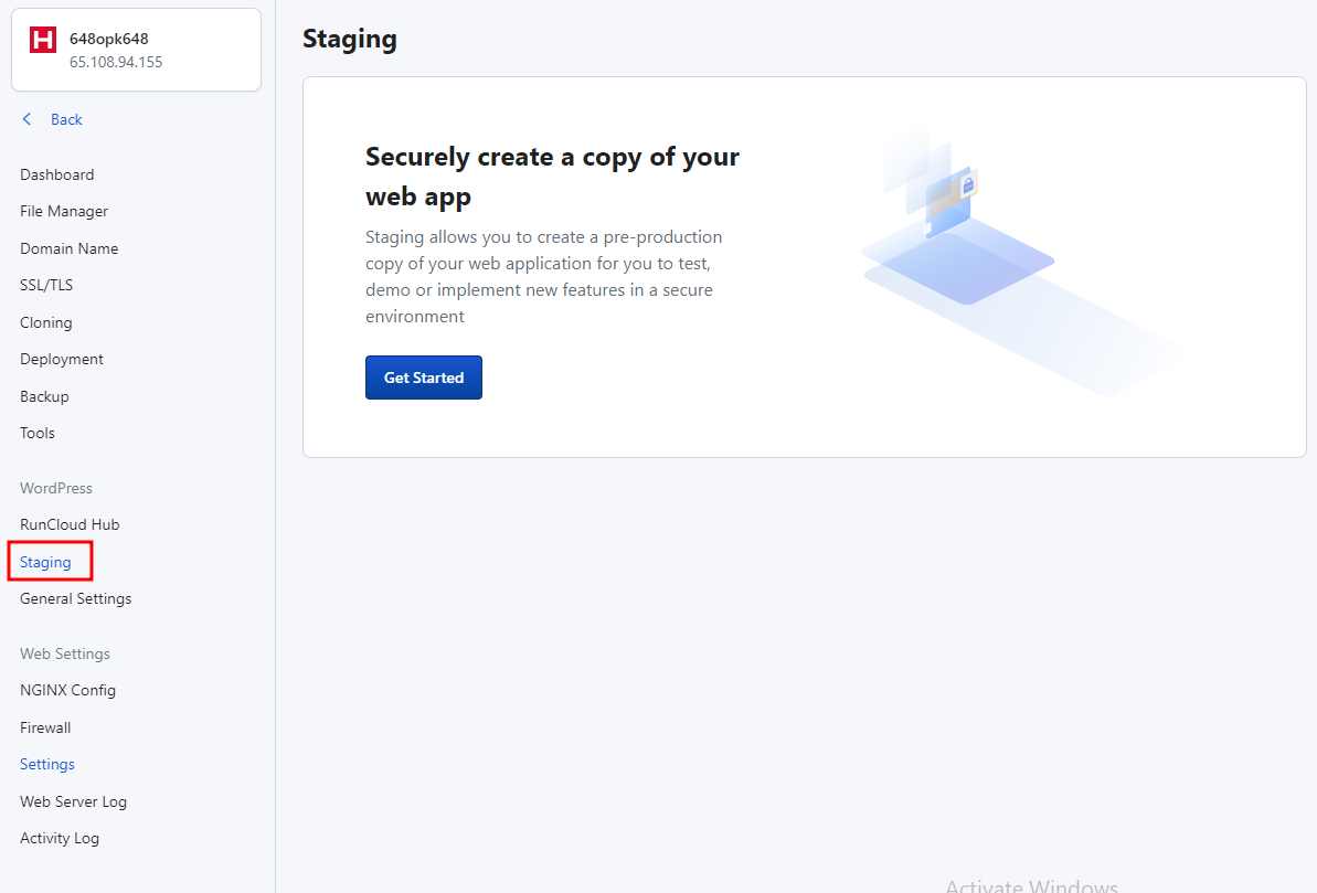 RunCloud dashboard staging WordPress