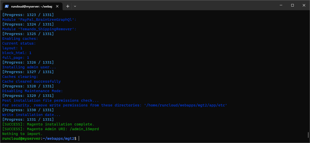 Successful installation of Magento 2