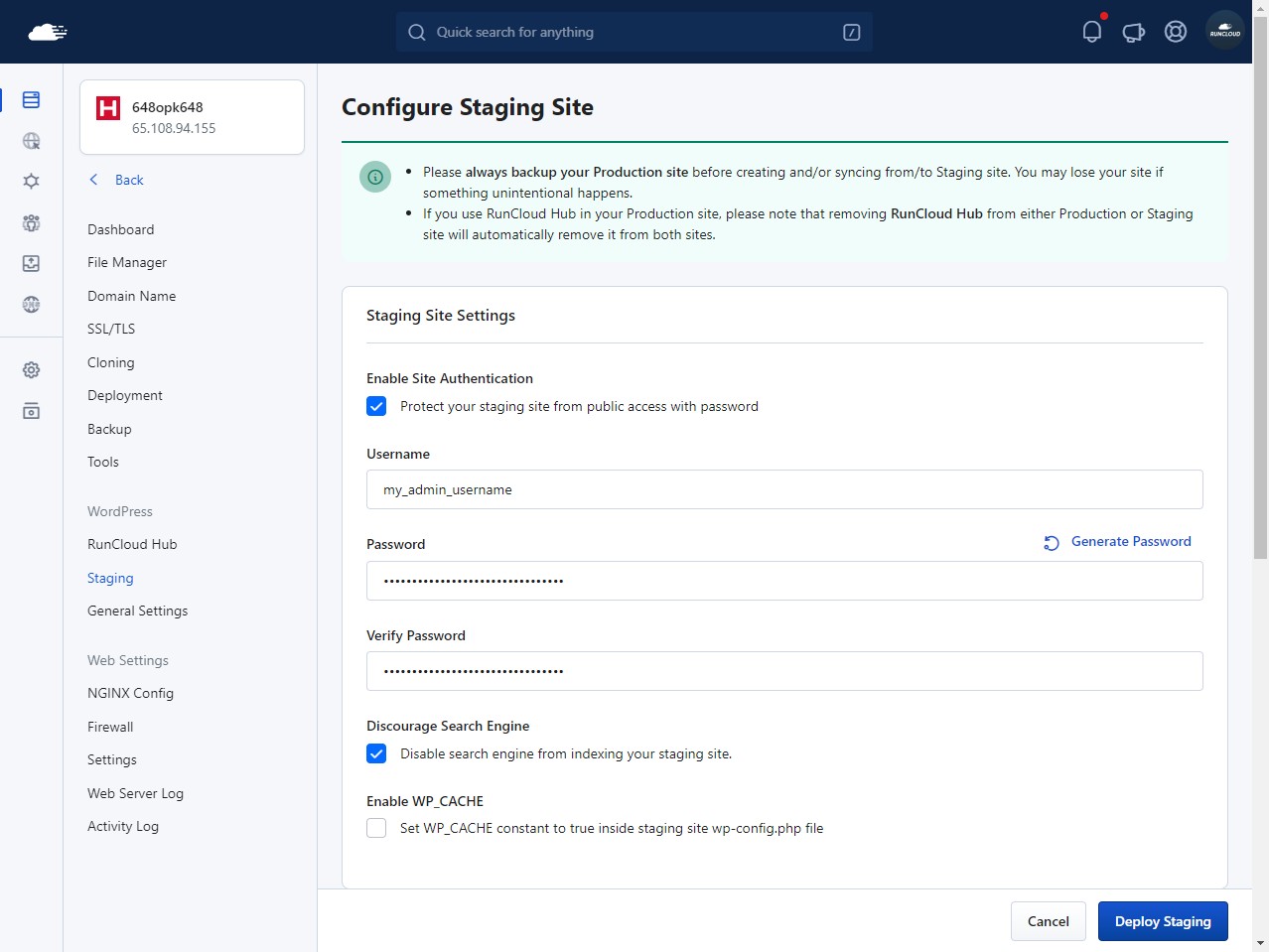 configure staging environment WordPress