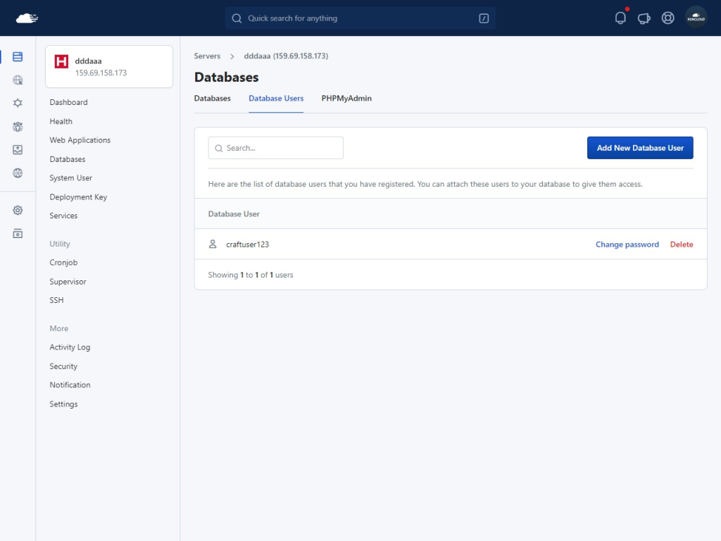 Create Database in RunCloud