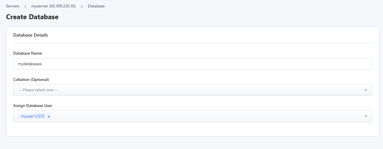 creating database in RunCloud dashboard
