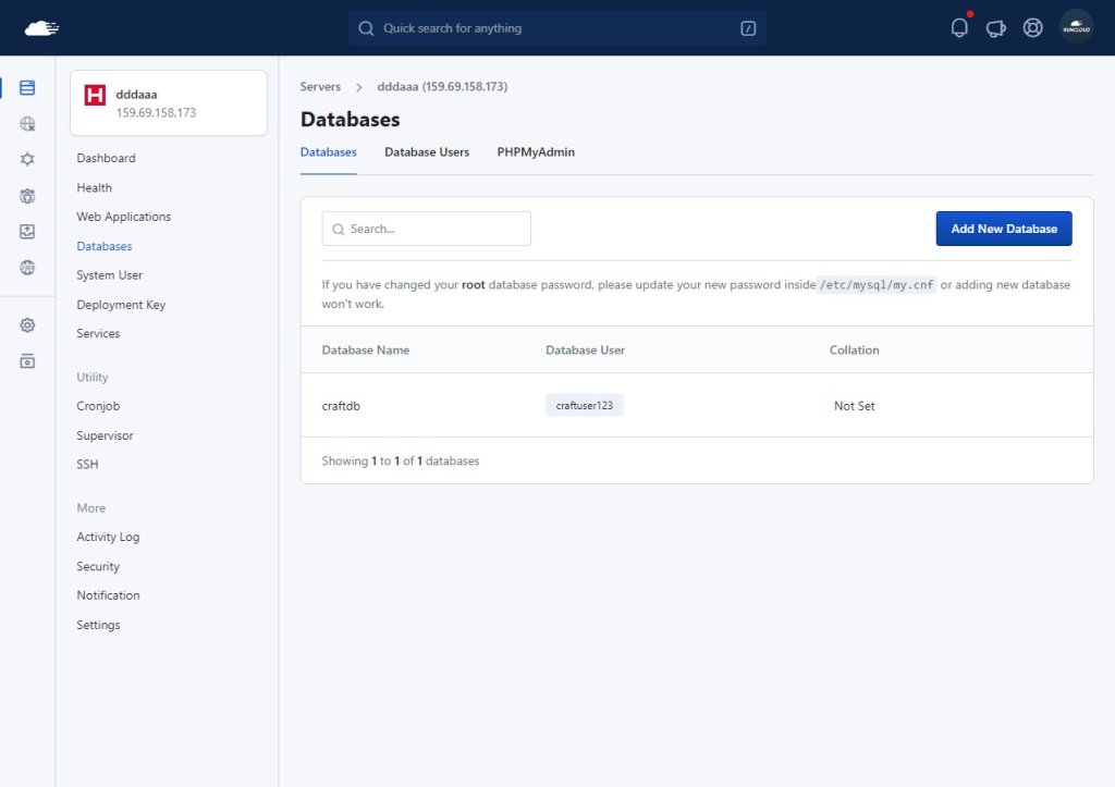 Create a new Database on RunCloud