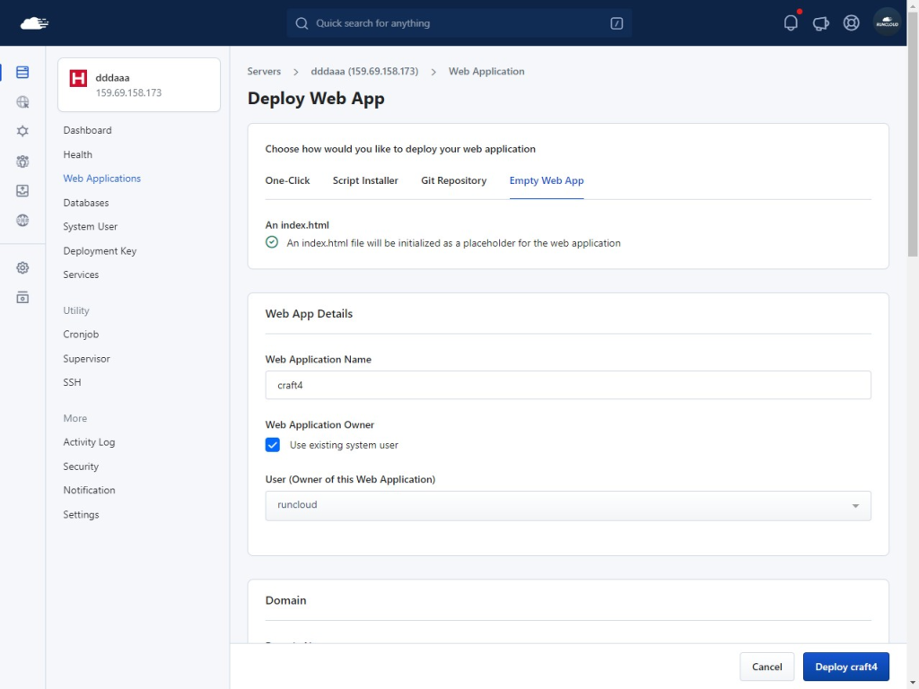 Deploying new application on RunCloud dashboard