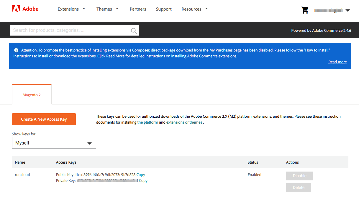 obtaining API keys from Adobe Commerce dashboard
