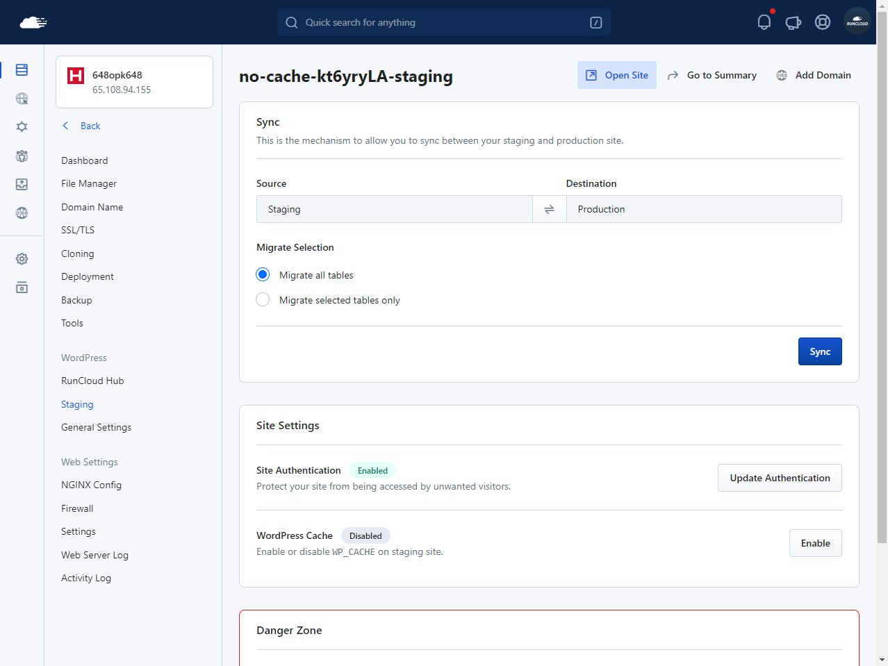 staging WordPress settings RunCLoud