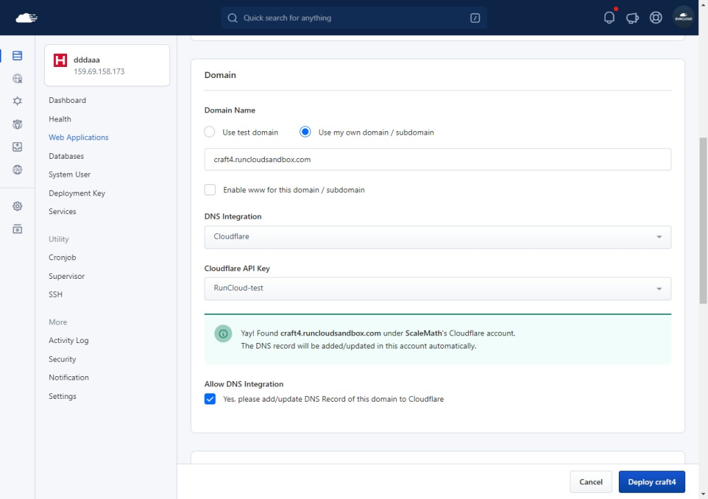 New webapp on RunCloud dashboard