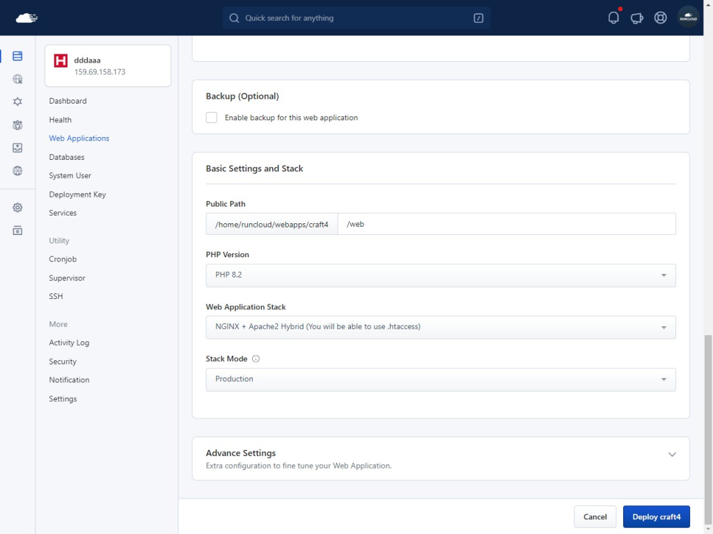 Basic settings RunCloud dashboard