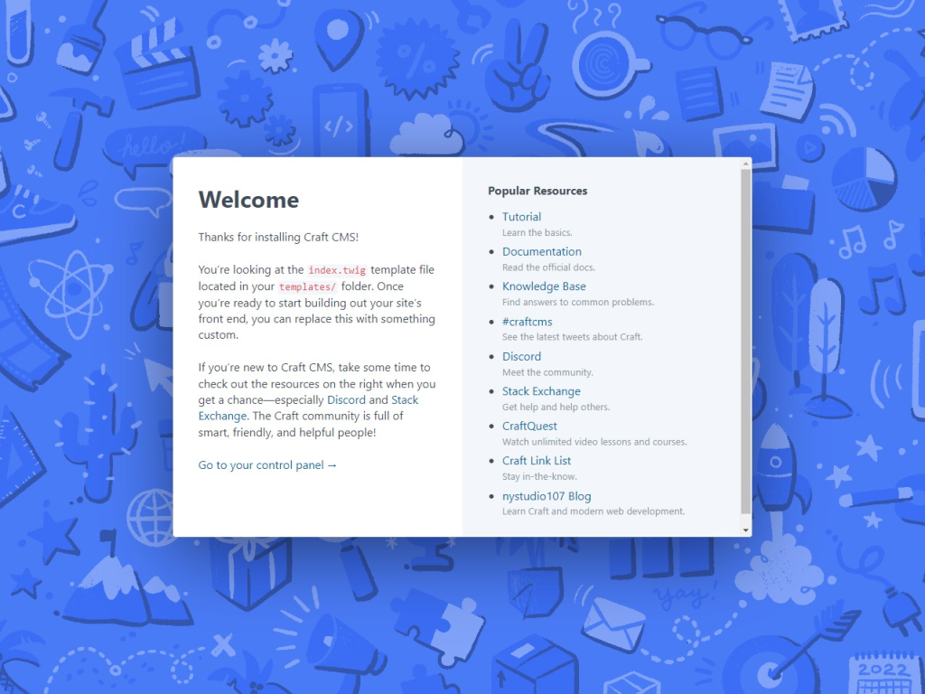 CraftCMS home screen Welcome
