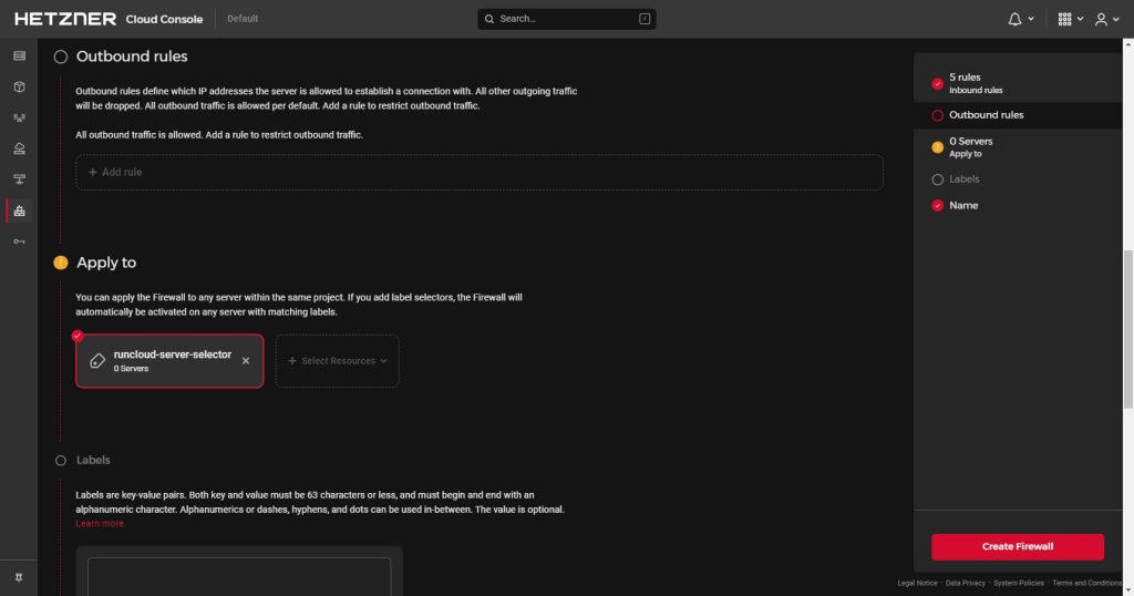 Configuring firewall selector on RunCloud