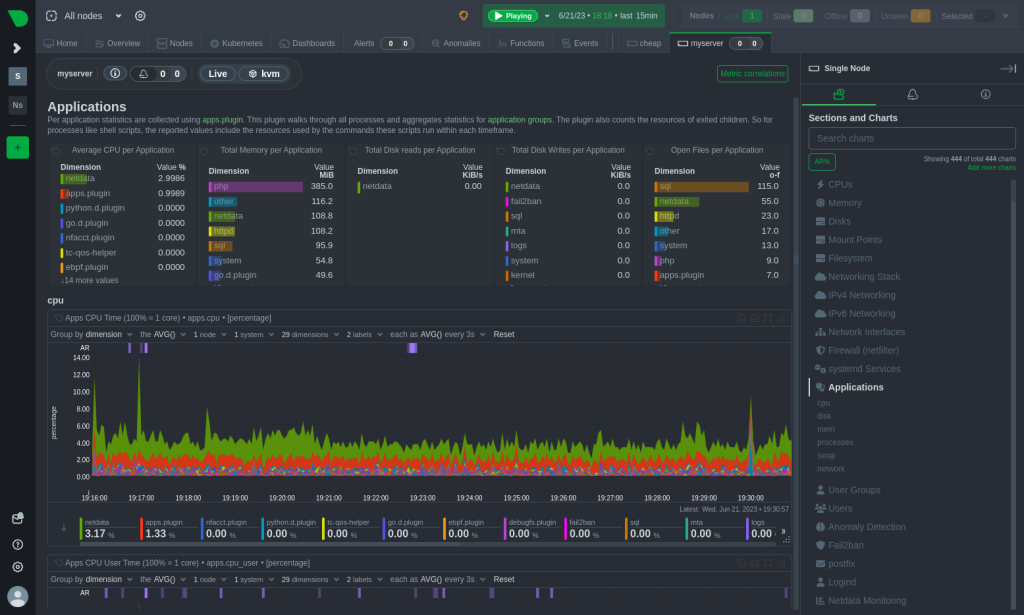 Netdata application monitoring metrics.