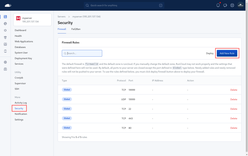 Open Firewall ports RunCloud