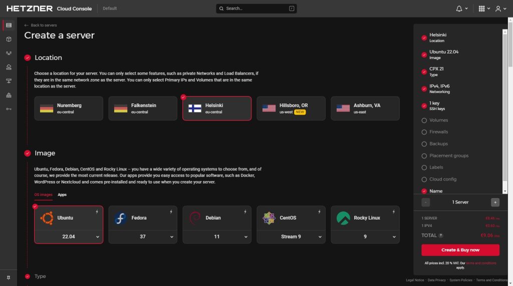 Selecting Operating System on Hetzner Cloud
