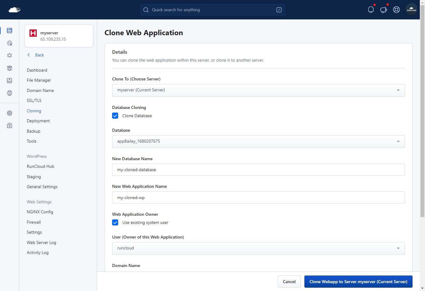 Cloning a website using RunCloud utility