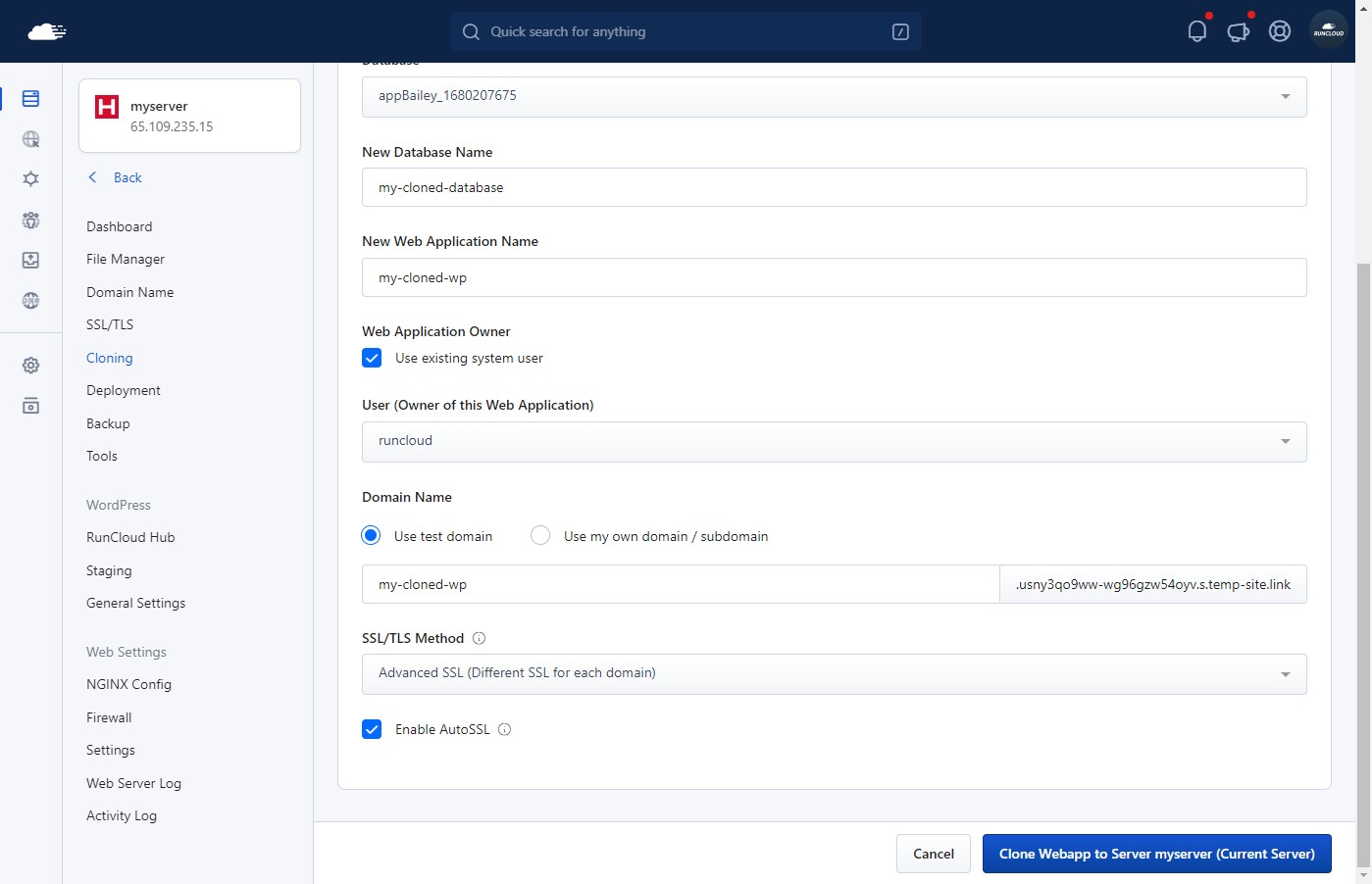 Configuring RunCloud cloning
